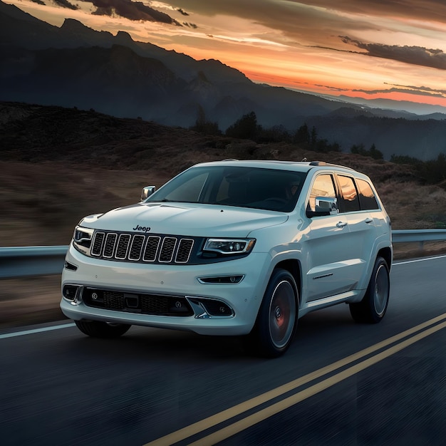 a white suv with a mountain in the background