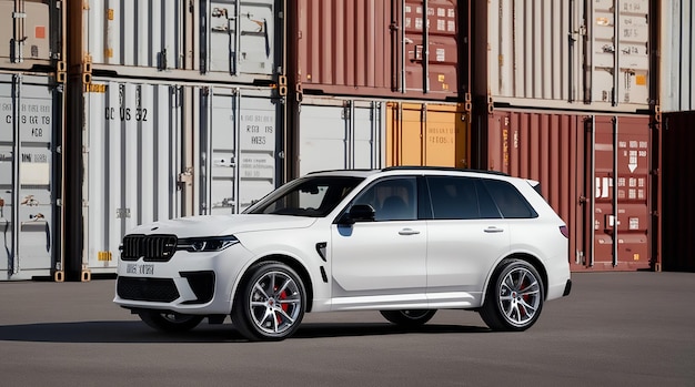 Photo a white suv with red rims is parked in front of a shipping container