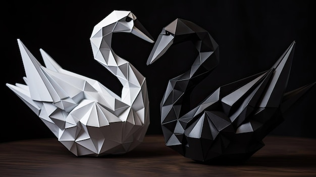 White swan and black swan Beautiful paper figurine with Generative AI Technology