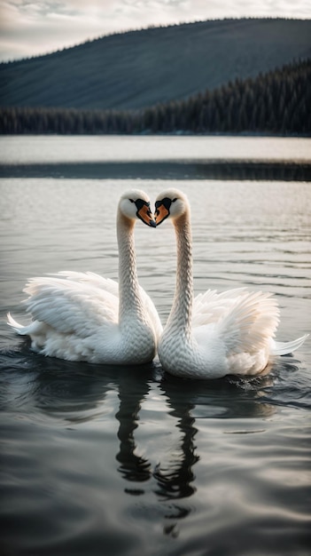 White swan couple swimming on the lake forming love shape with sunset tree forest background