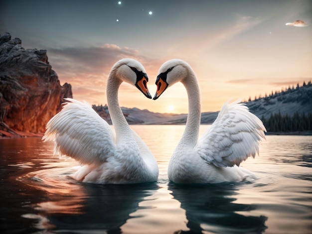 White swan couple swimming on the lake forming love shape with sunset tree forest background