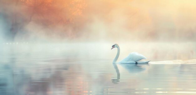 Photo a white swan floating on a misty lake