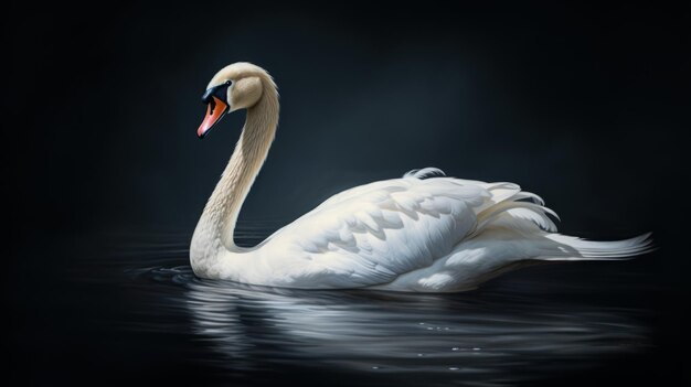 A white swan gracefully floats on the calm surface of a lake creating gentle ripples as it glides through the water Generative AI