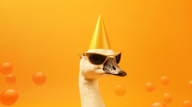 White swan in party hat and sunglasses on orange background with balloons