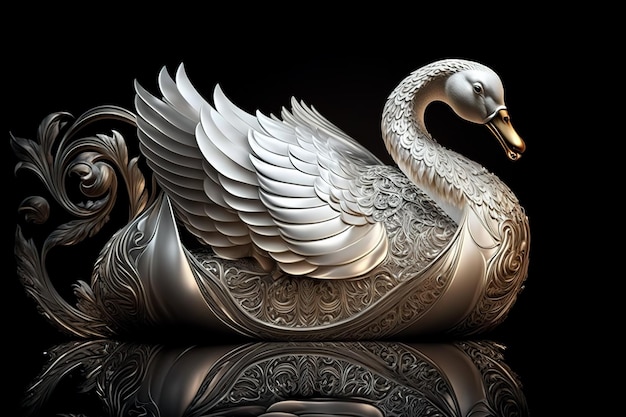 The white swan statue is made of shiny silver material on a dark background Wildlife animals Illustration Generative AI