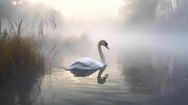 A white swan swimming in water on foggy background generative AI