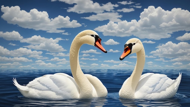 white swans are swimming in a lake with a blue sky and white clouds in the background