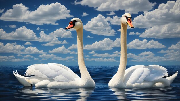 white swans are swimming in a lake with a blue sky and white clouds in the background