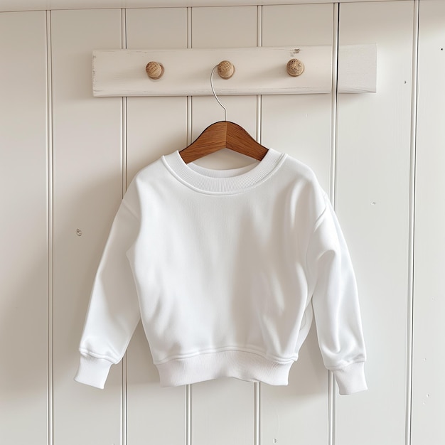 a white sweater hanging on a hanger with a wooden hanger hanging from a wooden hanger