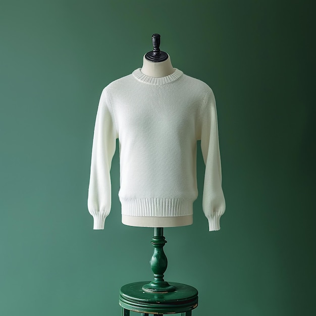 a white sweater is on a green stand with a green stand