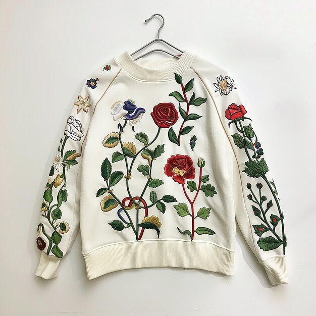 Photo a white sweater with a flower pattern on it is hanging on a hanger