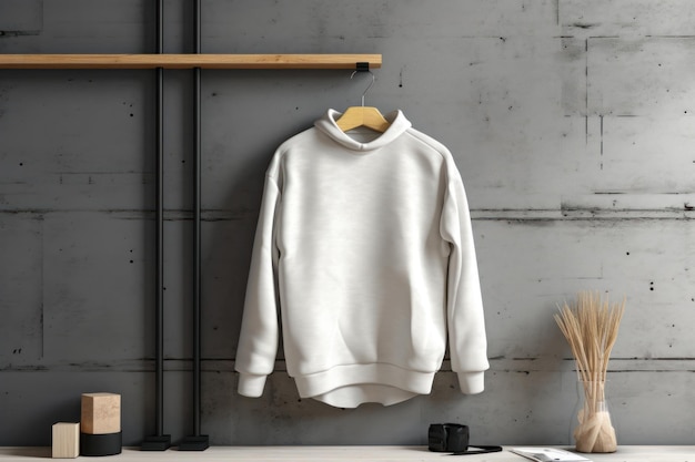 A white sweatshirt hanging on a wall with a black shelf and a black camera on the right.