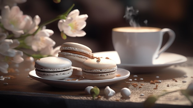 White sweet macarons and flowers and cappuccino