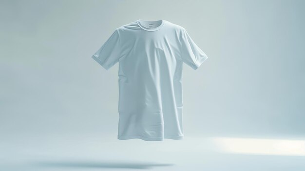 Photo white t shirt floating on minimalist light blue background