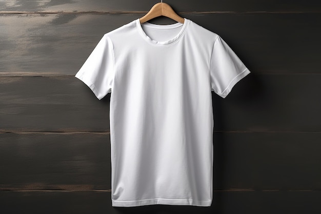 White t - shirt on a hanger with a wooden background