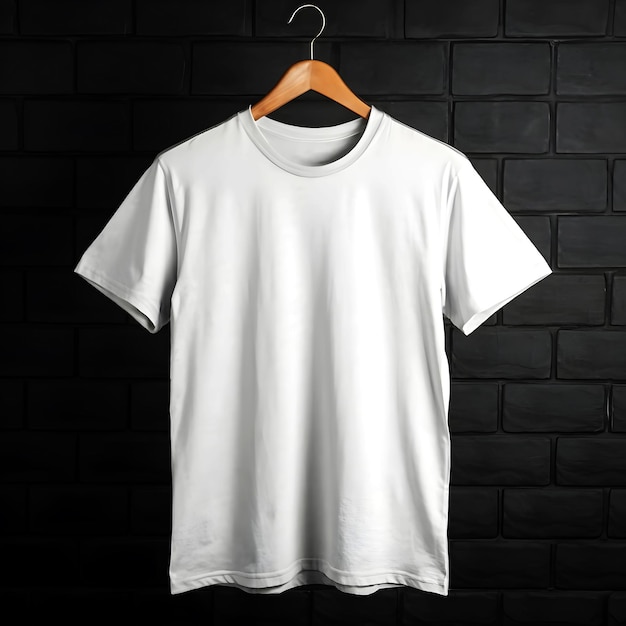 a white t shirt hanging on a black wall plain white tshirtgenerated ai