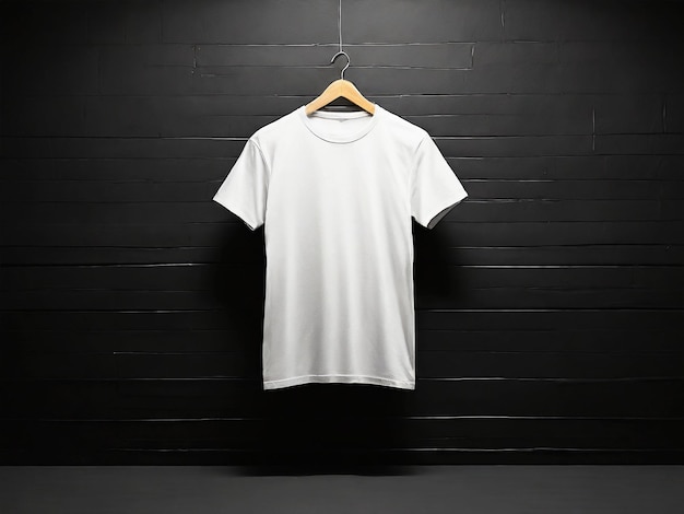 a white t shirt hanging on a black wall plain white tshirtgenerated ai