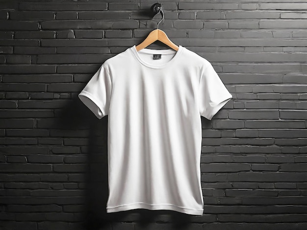 a white t shirt hanging on a black wall plain white tshirtgenerated ai