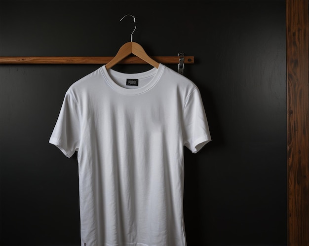 Photo a white t shirt hanging on a hanger with a black background mockup ai images