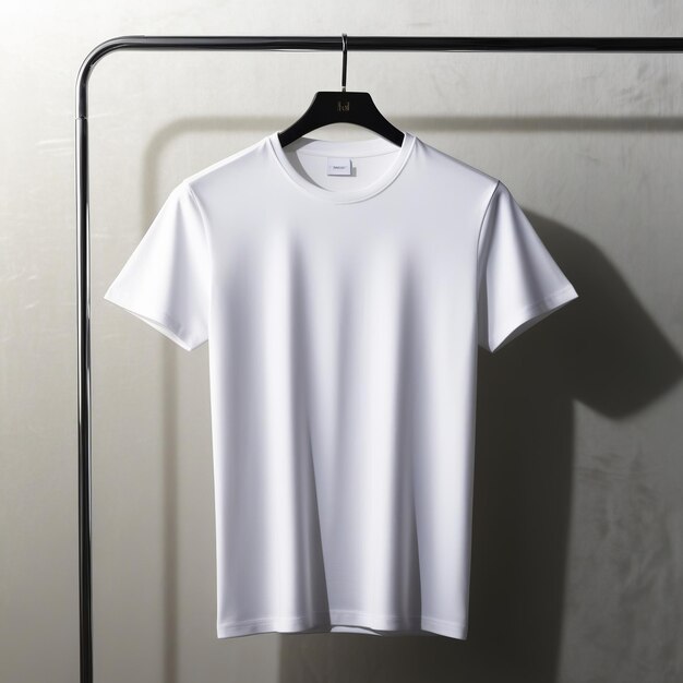 Photo a white t shirt hanging on a hanger with a black rail