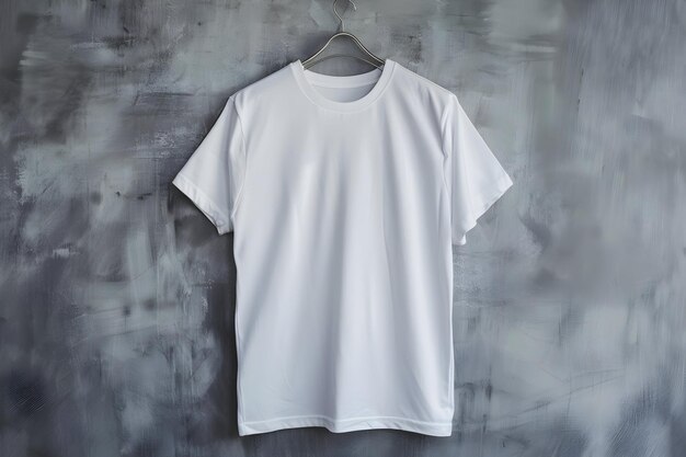 a white t - shirt hanging on a hanger with a white t - shirt hanging on a wooden surface