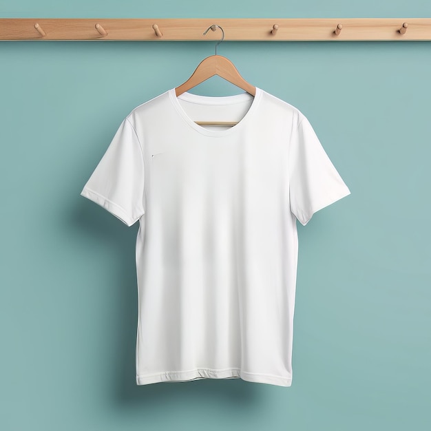 a white t shirt Hanging on a Wooden Hanger