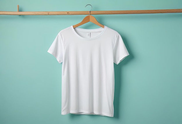 a white t shirt Hanging on a Wooden Hanger