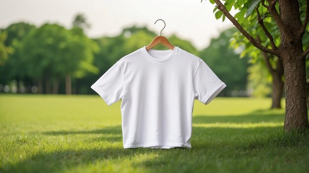 a white t shirt hangs on a hanger in a park