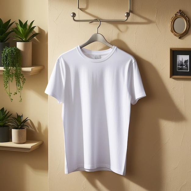 Photo a white t shirt hangs on a hanger with a picture of a plant and a picture of a plant