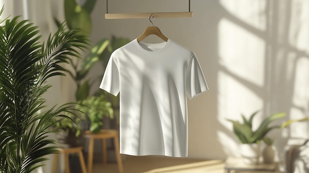 a white t shirt hangs on a hanger with a plant in the background