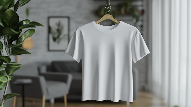 a white t shirt hangs on a hanger with a plant in the background