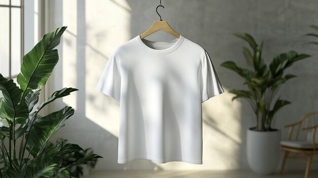 a white t shirt hangs on a hanger with a plant in the background