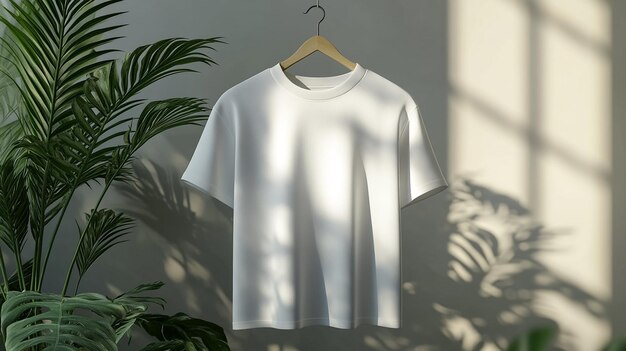 a white t shirt hangs on a hanger with a plant in the background