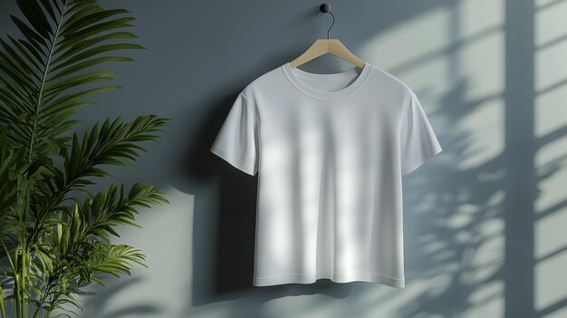 a white t shirt hangs on a hanger with a plant in the background