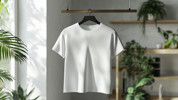 a white t shirt hangs on a hanger with a plant in the background