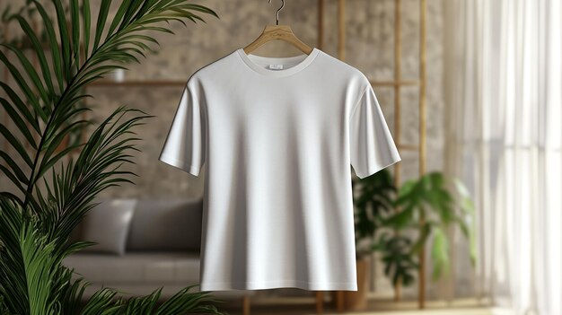 a white t shirt hangs on a hanger with a plant in the background