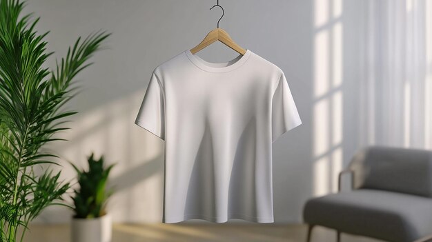 a white t shirt hangs on a hanger with a plant in the background