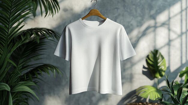 a white t shirt hangs on a hanger with a plant in the background