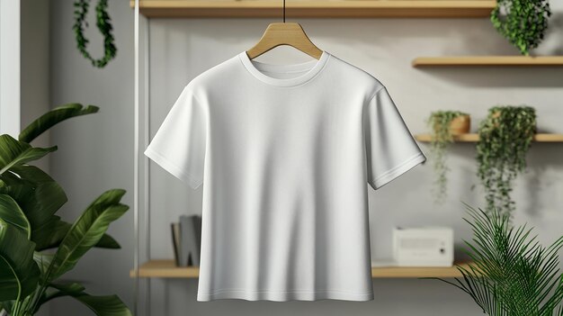 Photo a white t shirt hangs on a hanger with a plant in the background