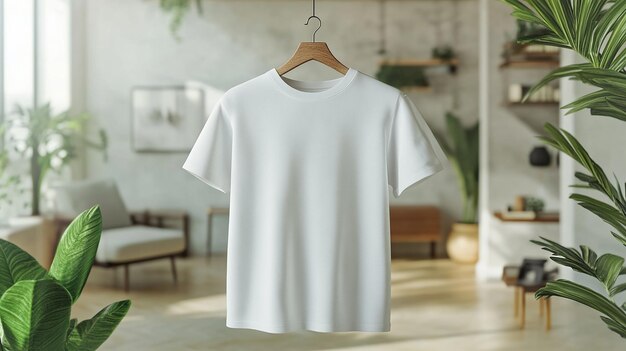 Photo a white t shirt hangs on a hanger with a plant in the background