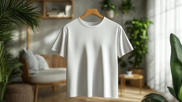 a white t shirt hangs on a hanger with a plant in the background