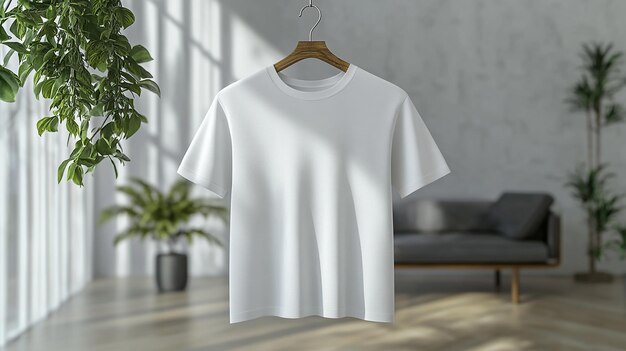 Photo a white t shirt hangs on a hanger with a plant in the background