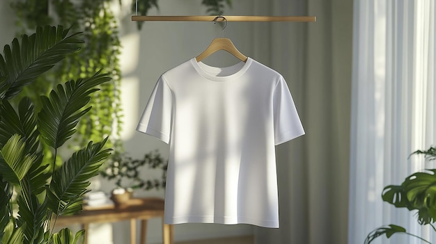 a white t shirt hangs on a hanger with a plant in the background