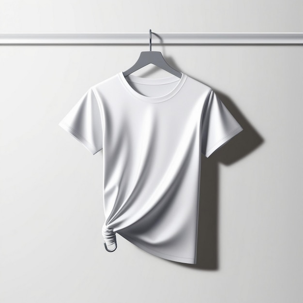 Photo a white t shirt hangs on a hanger with a t shirt hanging on a white wall