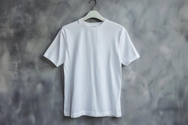 a white t - shirt hangs on a hanger with a white shirt hanging on a gray wall