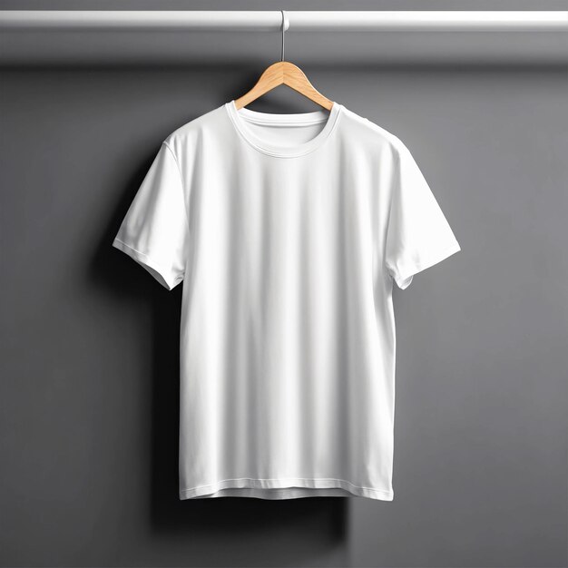 a white t shirt hangs on a hanger with a white shirt hanging on a wall