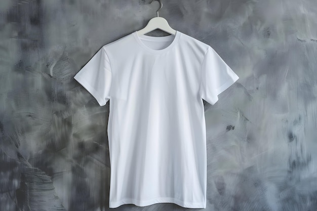 a white t shirt hangs on a hanger with a white shirt hanging on a wall