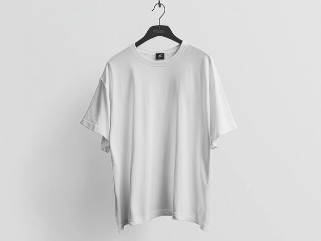 a white t - shirt hangs on a hanger with a white shirt hanging on a white wall