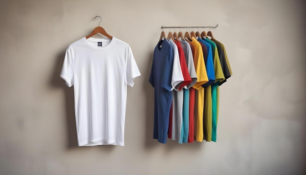 a white t shirt hangs on a hanger with a white t shirt hanging on a hanger