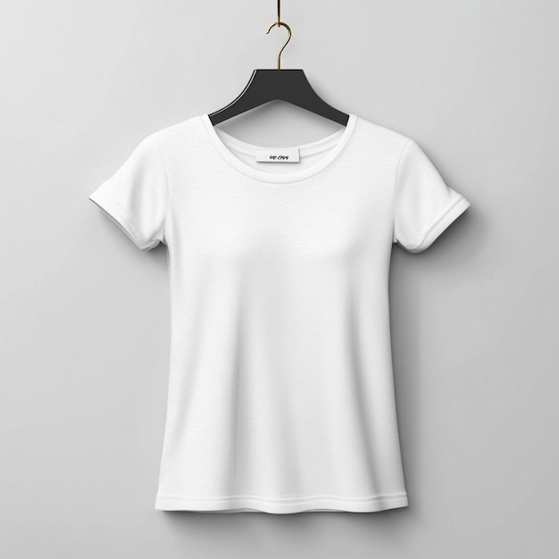 a white t - shirt hangs on a hanger with a white t - shirt hanging on it